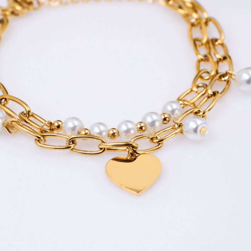 Stainless Steel Jewelry: Βραχιόλι Γούρι Καρδιά & Πέρλες Διπλό επίχρυσο βραχιόλι από ανοξείδωτο ατσάλι με καρδιά και πέρλες