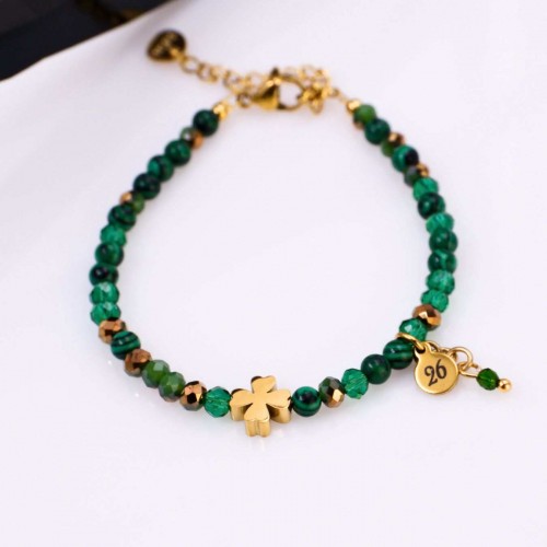 Stainless Steel Jewelry: Βραχιόλι - Γούρι Μαλαχίτης 2026 Βραχιόλι Γούρι 2026 με πέτρες μαλαχίτη και τετράφυλλο τριφύλλι