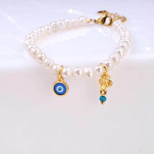 Βραχιόλι Γούρι 2026 - Καλλιεργημένα Μαργαριτάρια & Μάτι Χειροποίητο Βραχιόλι-Γούρι με Καλλιεργημένα Μαργαριτάρια και Μάτι από Σμάλτο