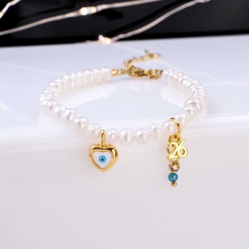 Βραχιόλι Γούρι 2026 - Καλλιεργημένα Μαργαριτάρια & Καρδιά Χειροποίητο Βραχιόλι-Γούρι με Καλλιεργημένα Μαργαριτάρια και Καρδιά από Σμάλτο