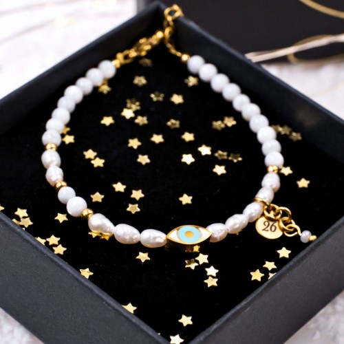 Ατσάλινο Βραχιόλι Γούρι 2026 - Καλλιεργημένα Μαργαριτάρια, Φίλντισι & Μάτι Ατσάλινο Βραχιόλι-Γούρι με Καλλιεργημένα Μαργαριτάρια και Μάτι από Σμάλτο