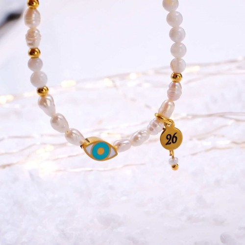 Ατσάλινο Βραχιόλι Γούρι 2026 - Καλλιεργημένα Μαργαριτάρια, Φίλντισι & Μάτι Ατσάλινο Βραχιόλι-Γούρι με Καλλιεργημένα Μαργαριτάρια και Μάτι από Σμάλτο