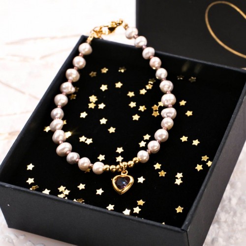 Ατσάλινο Βραχιόλι - Καλλιεργημένα Μαργαριτάρια & Καρδιά Κρύσταλλο Ατσάλινο Βραχιόλι με Καλλιεργημένα Μαργαριτάρια και Καρδιά Κρύσταλλο