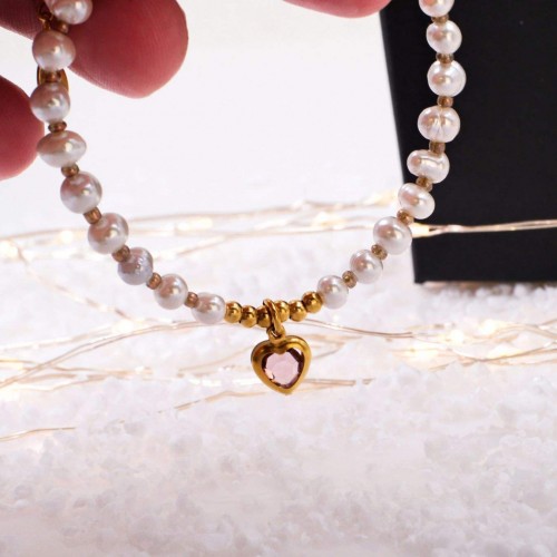 Ατσάλινο Βραχιόλι - Καλλιεργημένα Μαργαριτάρια & Καρδιά Κρύσταλλο Ατσάλινο Βραχιόλι με Καλλιεργημένα Μαργαριτάρια και Καρδιά Κρύσταλλο