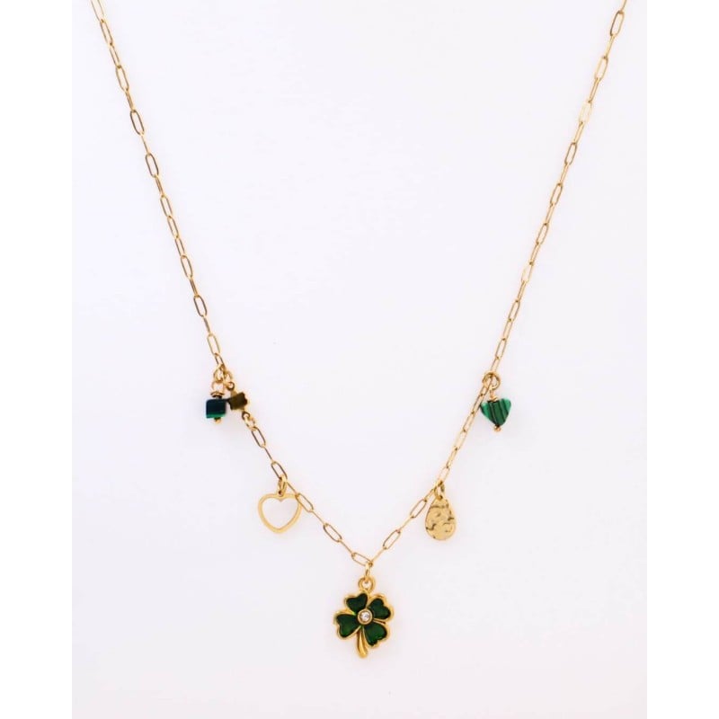 Ατσάλινο Κολιέ Charms - Τετράφυλλο Τριφύλλι & Μαλαχίτης Κολιέ αλυσίδα με charms από ανοξείδωτο ατσάλι και επιχρύσωση 24Κ