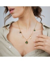 Ατσάλινο Κολιέ Charms - Τετράφυλλο Τριφύλλι & Μαλαχίτης Κολιέ αλυσίδα με charms από ανοξείδωτο ατσάλι και επιχρύσωση 24Κ