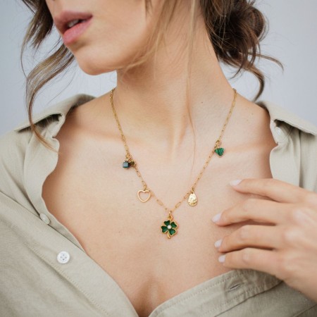 Ατσάλινο Κολιέ Charms - Τετράφυλλο Τριφύλλι & Μαλαχίτης Ατσάλινο Κολιέ Charms - Τετράφυλλο Τριφύλλι & Μαλαχίτης