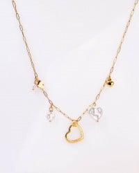 Steel Charms Necklace - Metal Heart & Mother of Pearl Chain necklace with metal charms of stainless steel and 24K Gold plating