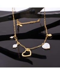 Steel Charms Necklace - Metal Heart & Mother of Pearl Chain necklace with metal charms of stainless steel and 24K Gold plating