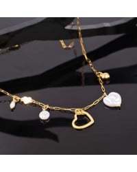Steel Charms Necklace - Metal Heart & Mother of Pearl Chain necklace with metal charms of stainless steel and 24K Gold plating