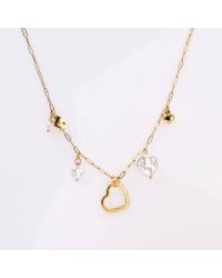 Steel Charms Necklace - Metal Heart & Mother of Pearl Chain necklace with metal charms of stainless steel and 24K Gold plating