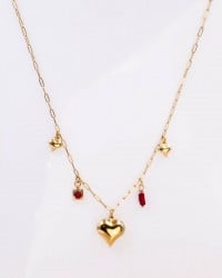 Ατσάλινο Κολιέ Charms - Μεταλλική Καρδιά & Ζιργκόν Κολιέ αλυσίδα με charms από ανοξείδωτο ατσάλι και επιχρύσωση 24Κ