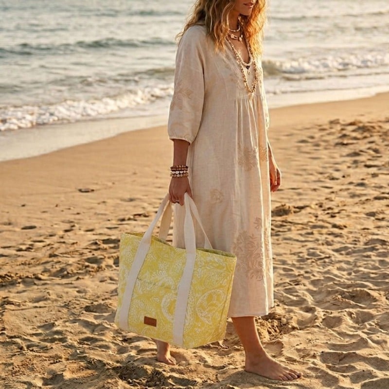 Τσάντα θαλάσσης Yellow Paisley Bloom από καμβά με boho γεωμετρικό μοτίβο Τσάντα θαλάσσης Yellow Paisley Bloom από καμβά με boho γεωμετρικό μοτίβο