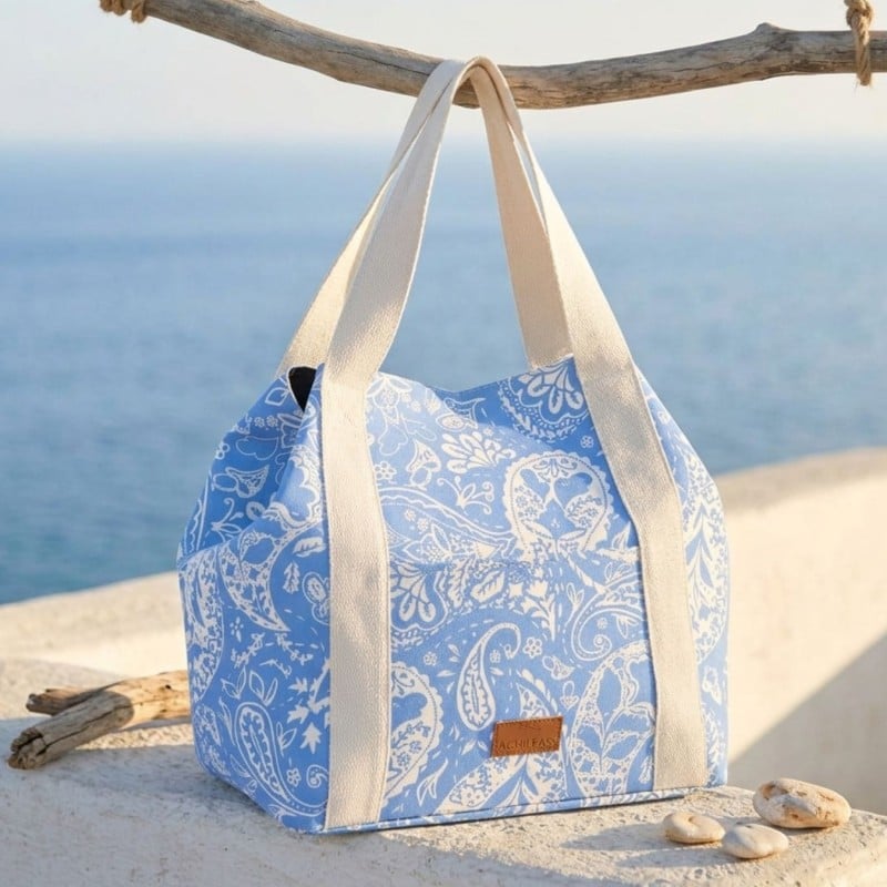 Τσάντα θαλάσσης Achilleas από βαμβακερό καμβά με boho γεωμετρικό μοτίβο Τσάντα θαλάσσης Achilleas από βαμβακερό καμβά με boho γεωμετρικό μοτίβο