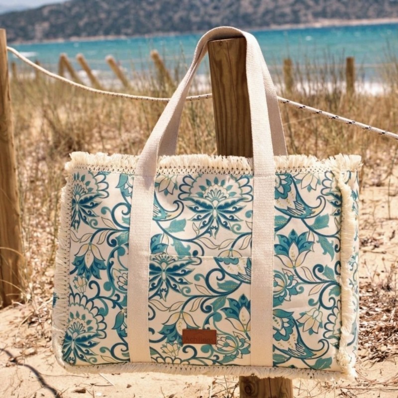Τσάντα θαλάσσης Achilleas από βαμβακερό καμβά με boho γεωμετρικό μοτίβο Τσάντα θαλάσσης Achilleas από βαμβακερό καμβά με boho γεωμετρικό μοτίβο