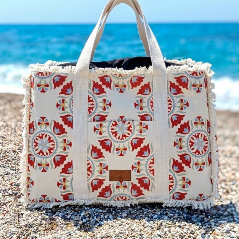 Τσάντα θαλάσσης Achilleas από βαμβακερό καμβά με boho γεωμετρικό μοτίβο 