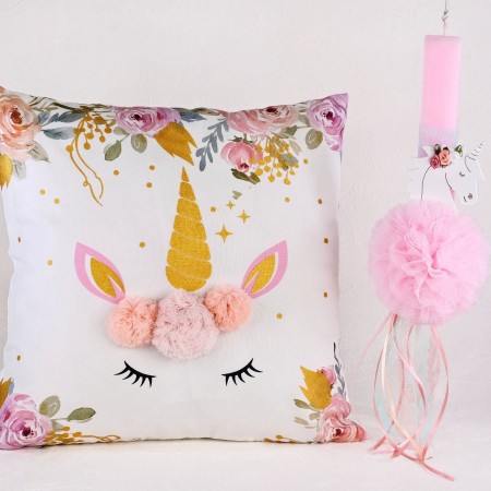 Set of Easter candle and cushion unicorn