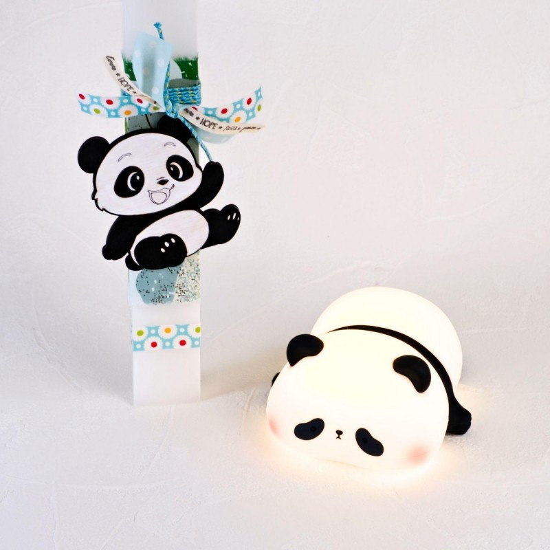 Χειροποίητη Λαμπάδα για Μωρά με Αρκουδάκι Panda και Φωτιστικό Νυκτός 