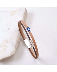 Leather Men's Bracelet |Metal Enamelled Evil Eye Leather men's bracelet with metallic silver-plated parts and enamelled evil eye