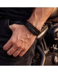 Ανδρικό Βραχιόλι | Stainless Steel & Wooden Stones Ανδρικό δερμάτινο βραχιόλι από ανοξείδωτο ατσάλι και ξύλινες πέτρες