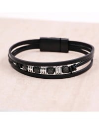 Ανδρικό Βραχιόλι | Stainless Steel & Metal Beads Ανδρικό δερμάτινο βραχιόλι με μαγνητικό κούμπωμα από ανοξείδωτο ατσάλι