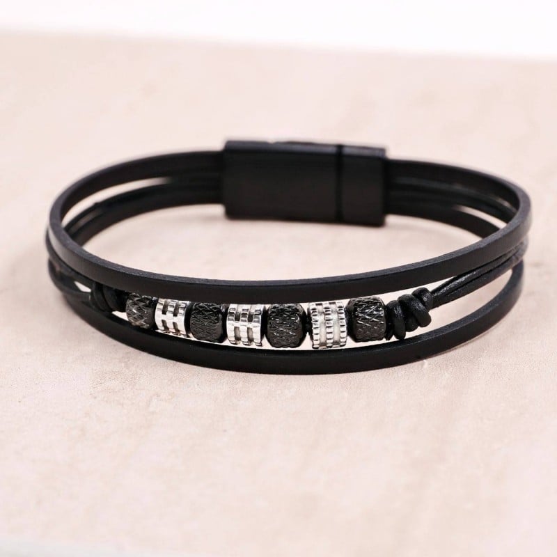 Ανδρικό Βραχιόλι | Stainless Steel & Metal Beads Ανδρικό δερμάτινο βραχιόλι με μαγνητικό κούμπωμα από ανοξείδωτο ατσάλι