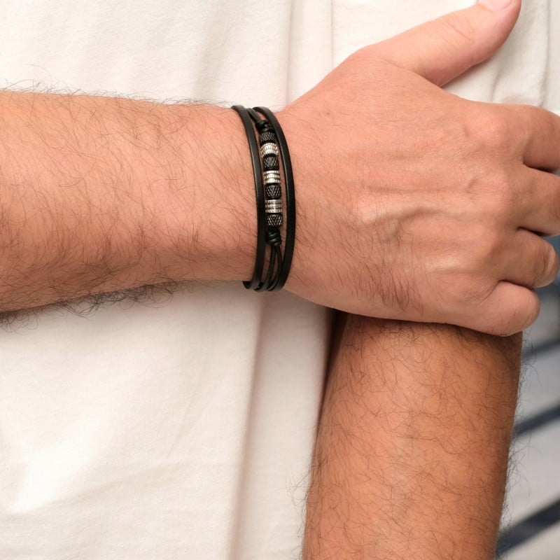 Ανδρικό Βραχιόλι | Stainless Steel & Metal Beads Ανδρικό δερμάτινο βραχιόλι με μαγνητικό κούμπωμα από ανοξείδωτο ατσάλι