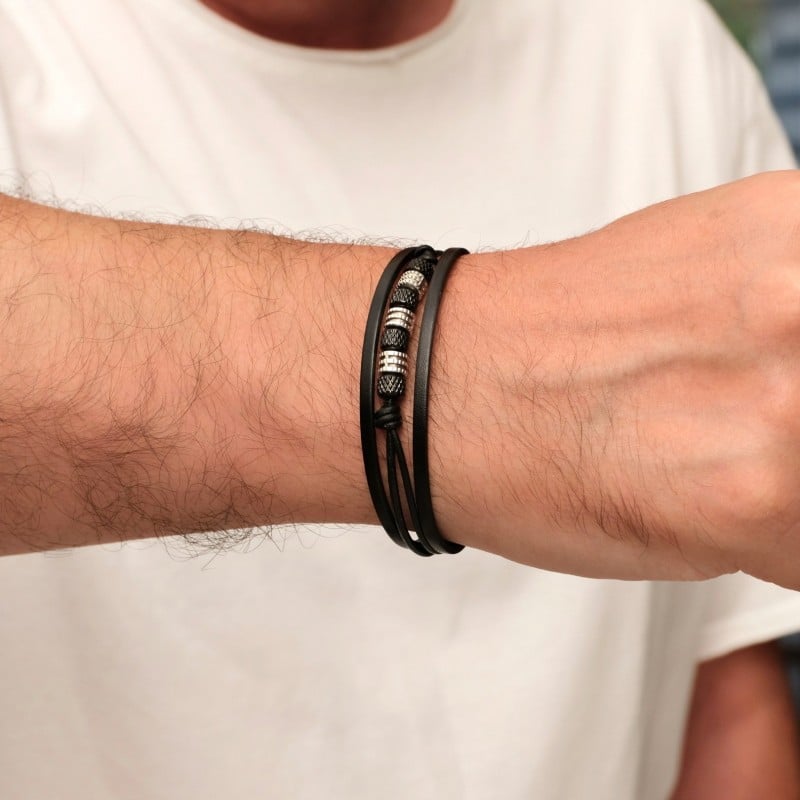 Ανδρικό Βραχιόλι | Stainless Steel & Metal Beads Ανδρικό δερμάτινο βραχιόλι με μαγνητικό κούμπωμα από ανοξείδωτο ατσάλι