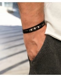 Ανδρικό Βραχιόλι | Stainless Steel & Metal Beads Ανδρικό δερμάτινο βραχιόλι με μαγνητικό κούμπωμα από ανοξείδωτο ατσάλι