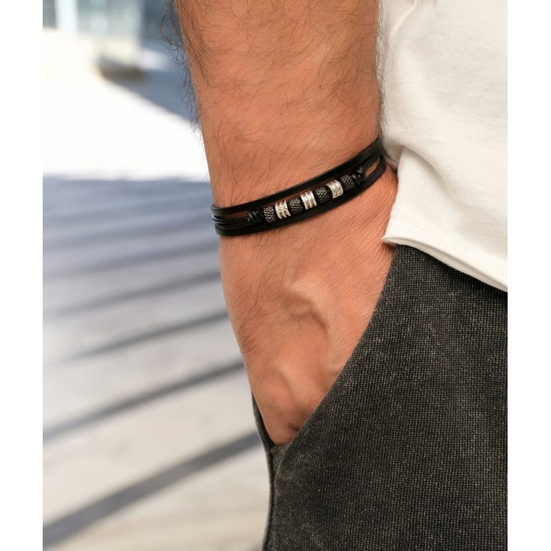 Ανδρικό Βραχιόλι | Stainless Steel & Metal Beads Ανδρικό δερμάτινο βραχιόλι με μαγνητικό κούμπωμα από ανοξείδωτο ατσάλι