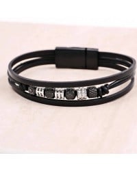 Ανδρικό Βραχιόλι | Stainless Steel & Metal Beads Ανδρικό δερμάτινο βραχιόλι με μαγνητικό κούμπωμα από ανοξείδωτο ατσάλι