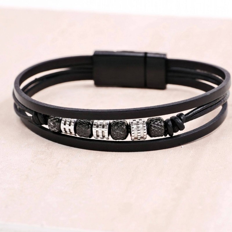Ανδρικό Βραχιόλι | Stainless Steel & Metal Beads Ανδρικό δερμάτινο βραχιόλι με μαγνητικό κούμπωμα από ανοξείδωτο ατσάλι