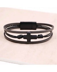 Ανδρικό Βραχιόλι | Stainless Steel & Black Cross Ανδρικό δερμάτινο βραχιόλι με μαγνητικό κούμπωμα από ανοξείδωτο ατσάλι