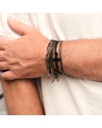 Ανδρικό Βραχιόλι | Stainless Steel & Black Cross Ανδρικό δερμάτινο βραχιόλι με μαγνητικό κούμπωμα από ανοξείδωτο ατσάλι