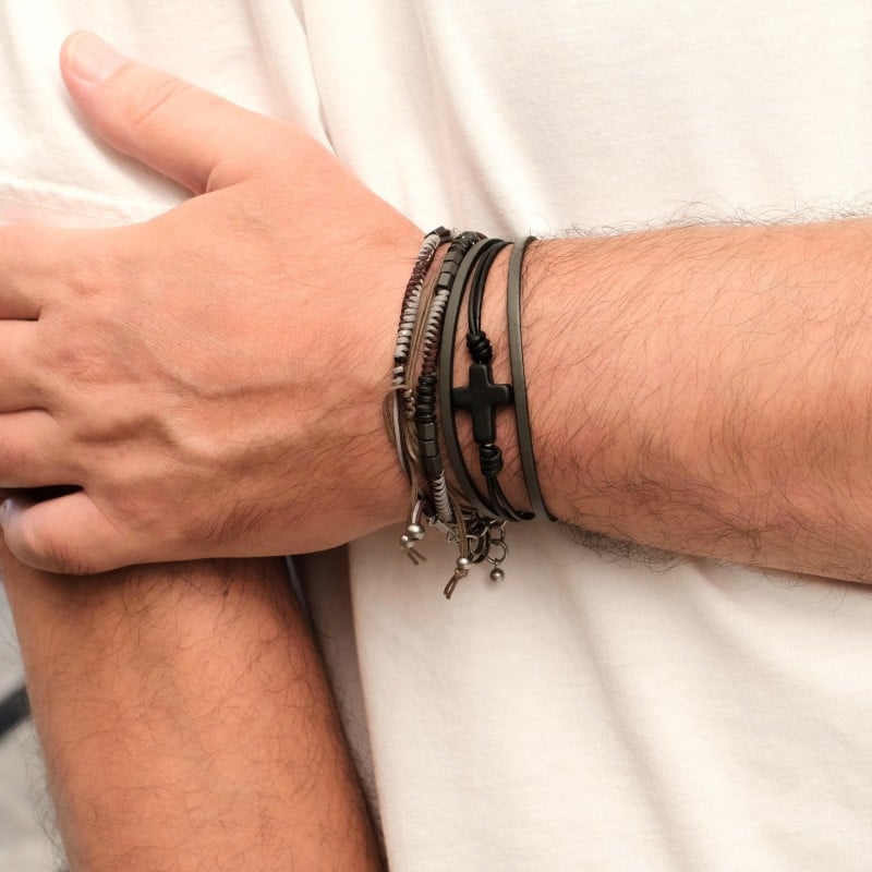 Ανδρικό Βραχιόλι | Stainless Steel & Black Cross Ανδρικό δερμάτινο βραχιόλι με μαγνητικό κούμπωμα από ανοξείδωτο ατσάλι