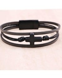 Ανδρικό Βραχιόλι | Stainless Steel & Black Cross Ανδρικό δερμάτινο βραχιόλι με μαγνητικό κούμπωμα από ανοξείδωτο ατσάλι