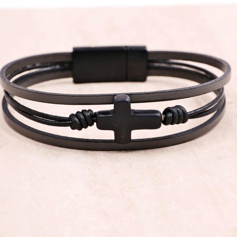 Ανδρικό Βραχιόλι | Stainless Steel & Black Cross Ανδρικό δερμάτινο βραχιόλι με μαγνητικό κούμπωμα από ανοξείδωτο ατσάλι