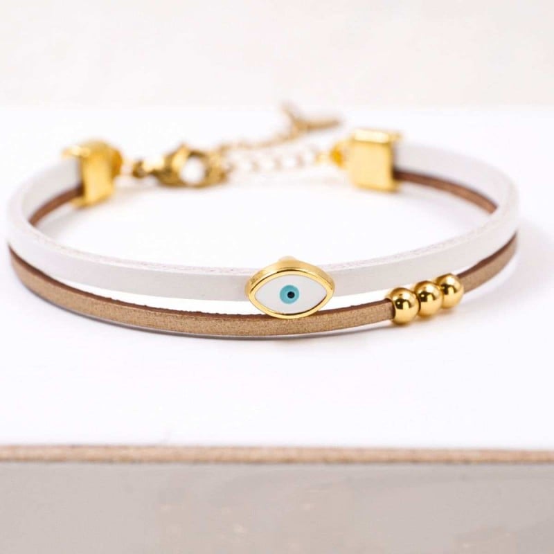 Handcrafted Leather Bracelet with Gold-Plated Evil Eye | Made in Greece Handcrafted Leather Bracelet with Gold-Plated Enamel Evil Eye