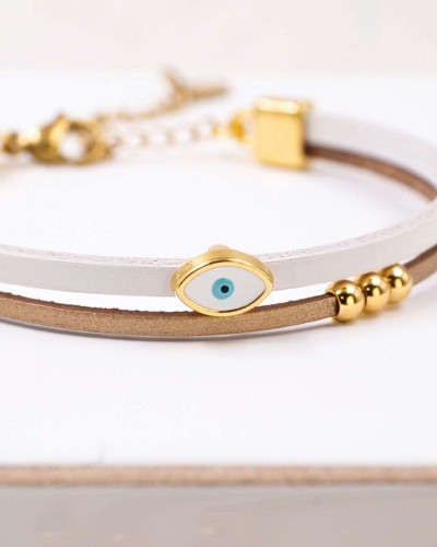 Handcrafted Leather Bracelet Grecian Aura with Gold-Plated Enamel Evil Eye
