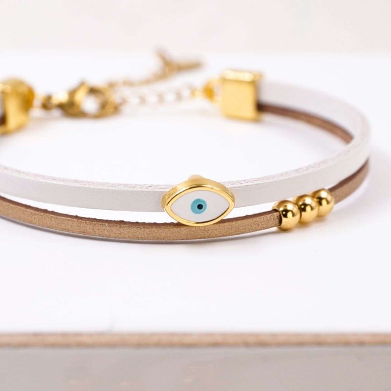 Handcrafted Leather Bracelet with Gold-Plated Evil Eye | Made in Greece Handcrafted Leather Bracelet with Gold-Plated Enamel Evil Eye