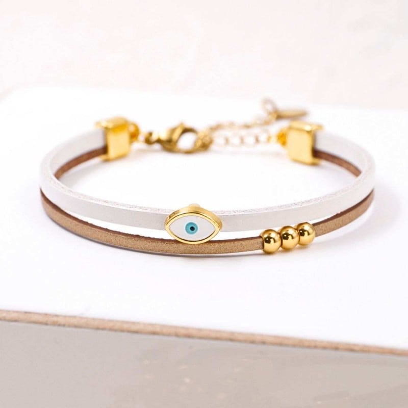 Handcrafted Leather Bracelet with Gold-Plated Evil Eye | Made in Greece Handcrafted Leather Bracelet with Gold-Plated Enamel Evil Eye
