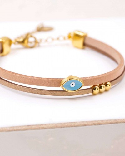 Handcrafted Leather Bracelet Grecian Aura with Gold-Plated Enamel Evil Eye