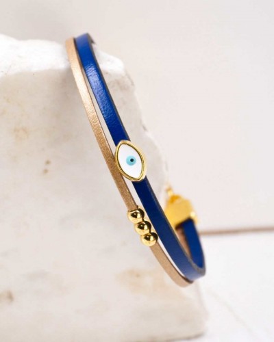 Handcrafted Leather Bracelet Grecian Aura with Gold-Plated Enamel Evil Eye