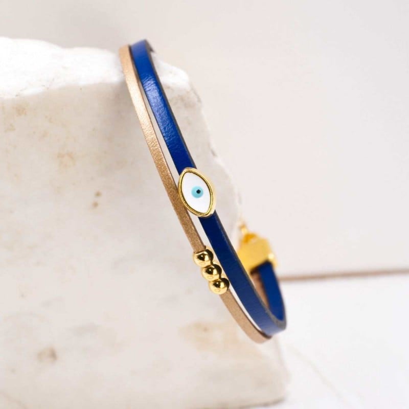 Handcrafted Leather Bracelet with Gold-Plated Evil Eye | Made in Greece Handcrafted Leather Bracelet with Gold-Plated Enamel Evil Eye
