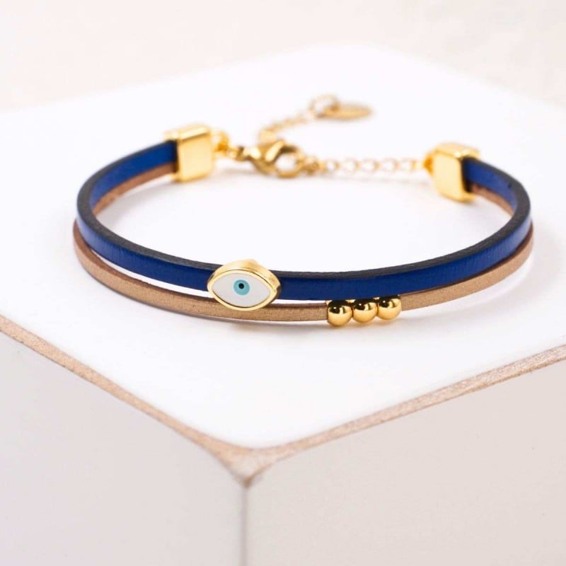 Handcrafted Leather Bracelet with Gold-Plated Evil Eye | Made in Greece Handcrafted Leather Bracelet with Gold-Plated Enamel Evil Eye
