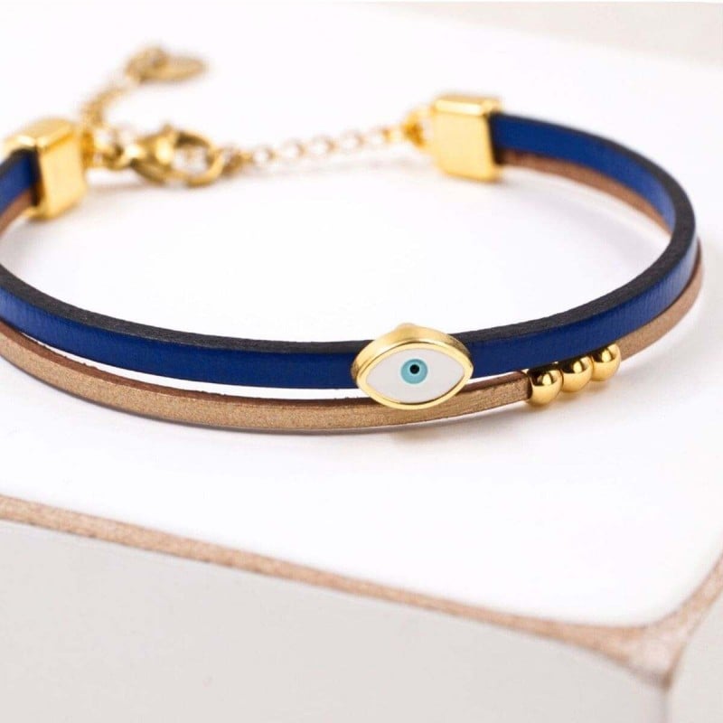 Handcrafted Leather Bracelet with Gold-Plated Evil Eye | Made in Greece Handcrafted Leather Bracelet with Gold-Plated Enamel Evil Eye