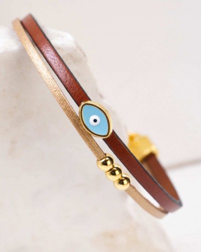 Handcrafted Leather Bracelet Grecian Aura with Gold-Plated Enamel Evil Eye