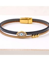 Handcrafted Leather Bracelet with Gold-Plated Evil Eye | Made in Greece Handcrafted Leather Bracelet with Gold-Plated Enamel Evil Eye