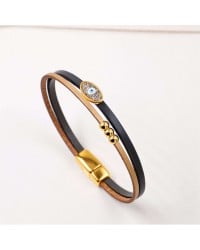Handcrafted Leather Bracelet with Gold-Plated Evil Eye | Made in Greece Handcrafted Leather Bracelet with Gold-Plated Enamel Evil Eye