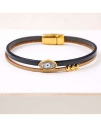 Handcrafted Leather Bracelet with Gold-Plated Evil Eye | Made in Greece Handcrafted Leather Bracelet with Gold-Plated Enamel Evil Eye